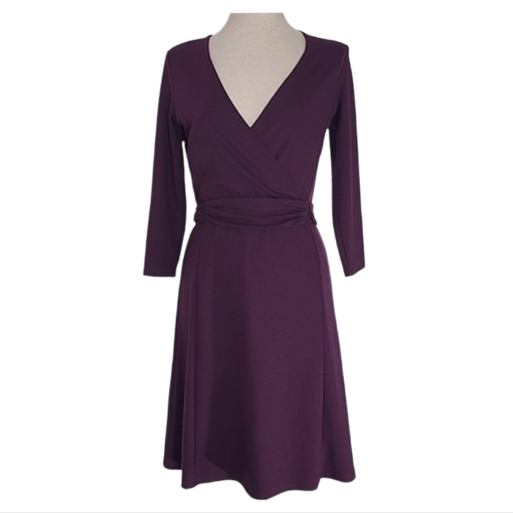 Lands' End Dress A-Line Stretchy Faux Belt 3/4 Sleeve Plum Size 4